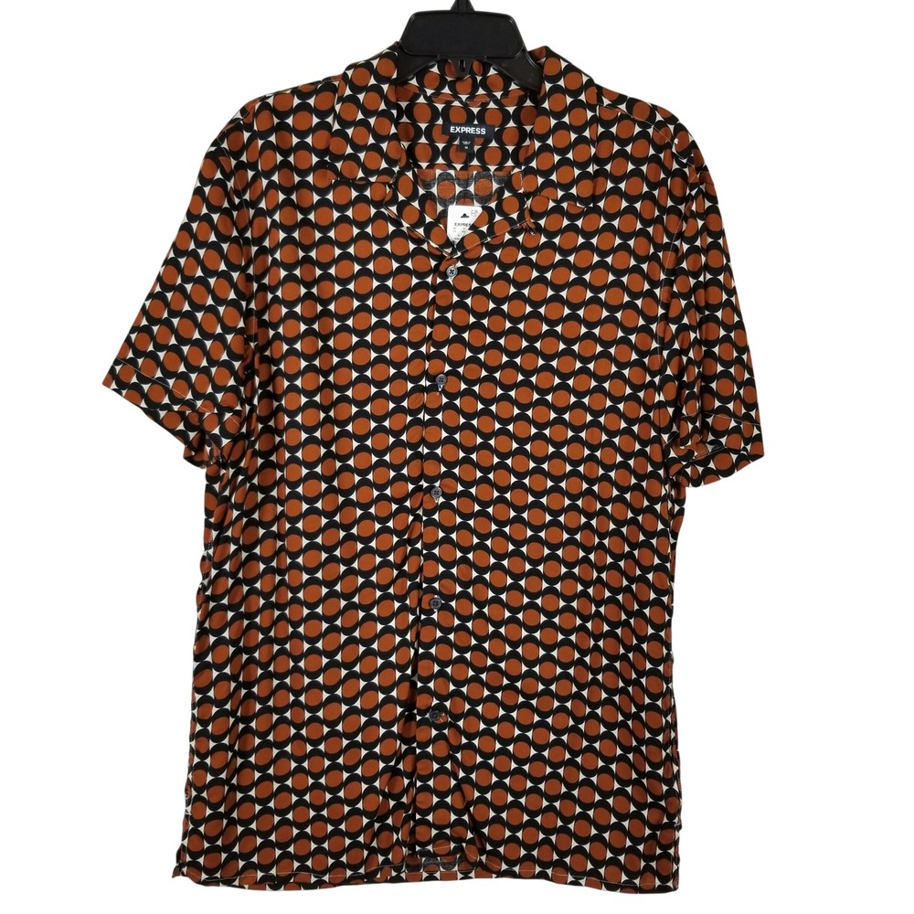 Express Men Geometric Circle Print Viscose Short Sleeve Button Up Shirt Orange M